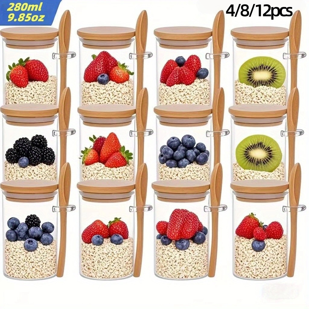 Meal Prep Glass - 4/8/12 Stück, Haferflocken-Frühstücksbecher mit Deckel (9,85